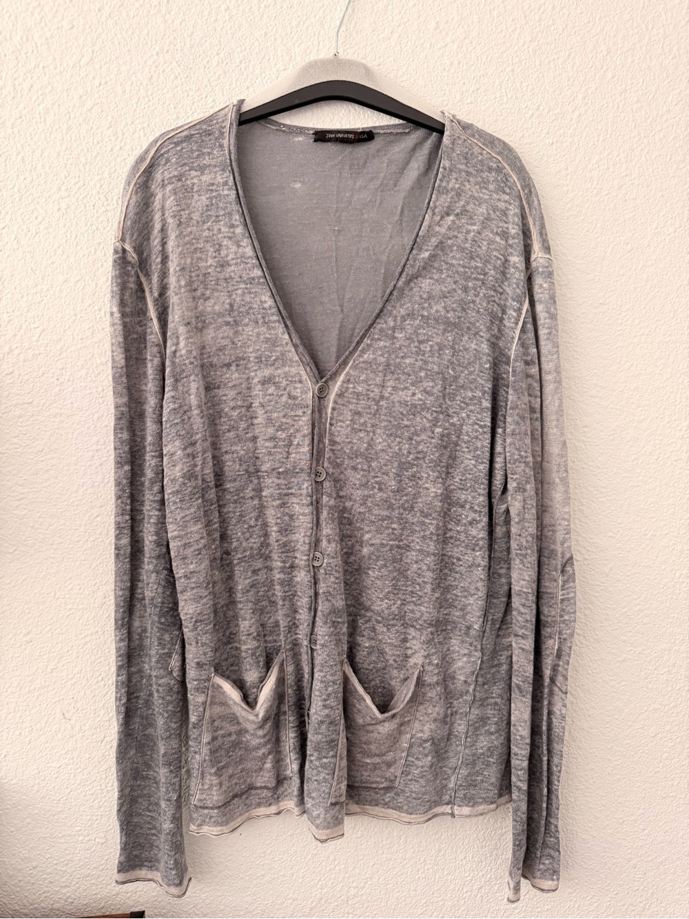 John Varvatos USA Linen Blend Cardigan Gray Size L Lightweight Designer Elbow Pa